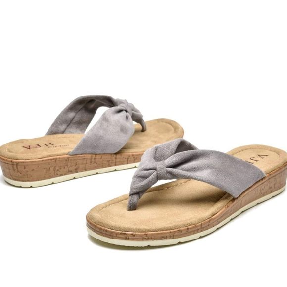 Gray Faux Suede Thong Wedges Soft Cushion Comfort with Arch Support Size 9.5 NEW - Picture 3 of 5